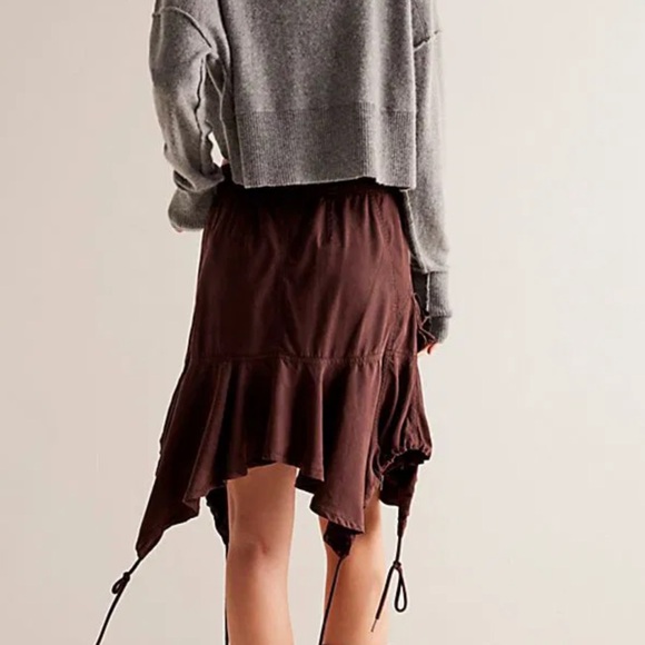 Free People Paxton Parachute Utility Skirt Asymmetrical Ties Walnut Brown - Picture 2 of 6